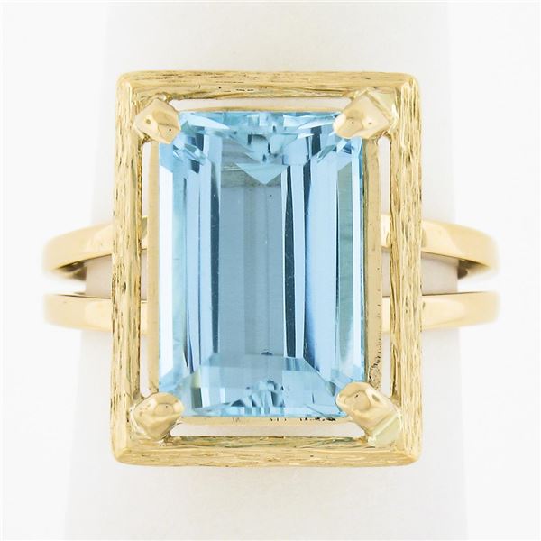 Vintage 14k Gold 4.72 ctw Emerald Cut Aquamarine w/ Textured Frame Solitaire Rin