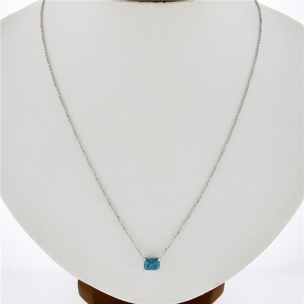 New 14K White Gold Rectangular Cut Prong Blue Zircon Solitaire Pendant & Chain