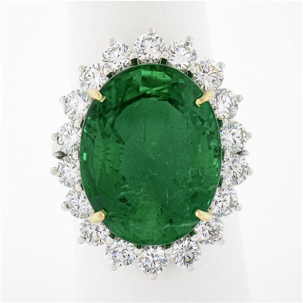 QUALITY Platinum 18k Gold 17.34 ctw AGL Large Oval Emerald & Diamond Halo Ring