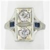 Antique Art Deco 18K White Gold .55 ctw Diamond & Baguette Sapphire Filigree Rin