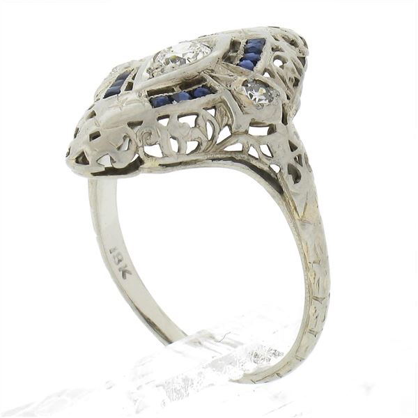 Antique Art Deco 18K Gold .12 ctw Diamond & Sapphire Filigree Navette Dinner Rin