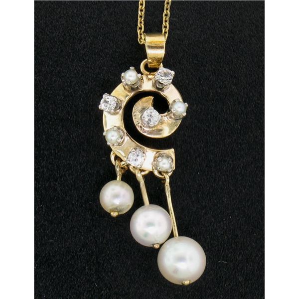 Vintage 14K Yellow Gold Round Pearl &.20 ctw Diamond Spiral 16" Pendant Necklace