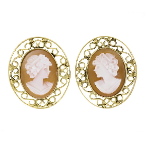 Vintage 14K Yellow Gold Oval Carved Shell Cameo Open Wire Frame Stud Earrings