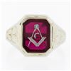 Image 4 : Antique 10K White Gold Bezel Set Red Stone w/ Detailed Sides Masonic Band Ring