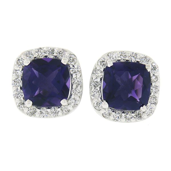 18K White Gold 2.93 ctw Cushion Royal Purple Amethyst & Diamond Halo Stud Earrin