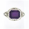 Antique Art Deco 10K Gold Bezel Amethyst Solitaire w/ Open Filigree Petite Ring