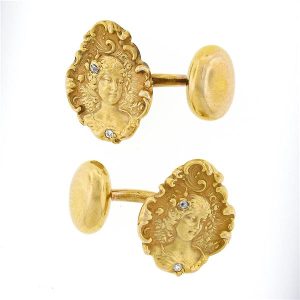 Men's Antique Art Nouveau 14k Gold Detailed Nymph Lady Diamond Accent Cuff Links