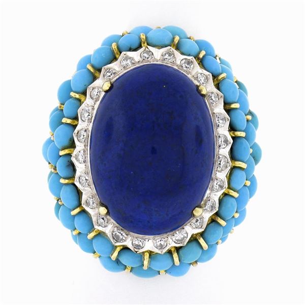 Vintage 14k Gold Cabochon Lapis Turquoise Bead & Diamond Textured Cocktail Ring