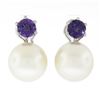 Image 1 : Vintage 18k White Gold Large 14mm White Pearl Round Amethyst Drop Omega Earrings