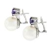 Image 4 : Vintage 18k White Gold Large 14mm White Pearl Round Amethyst Drop Omega Earrings