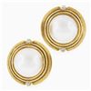Vintage 18K Gold 13.1mm Mabe Pearl & Diamond Dual Finish Circle Button Earrings