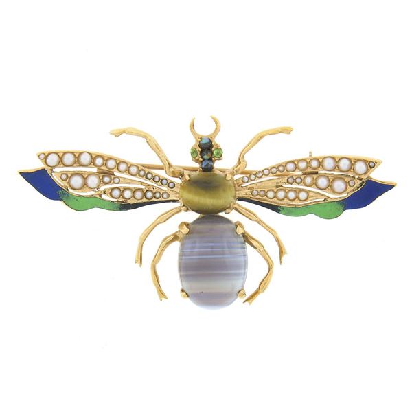 Vintage 14k Gold Agate Tigers Eye Pearl Green Blue Enamel Large Fly Brooch Pin