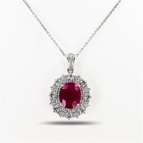 4.18 ctw BURMESE Ruby and 1.18 ctw Diamond Platinum Pendant (GIA CERTIFIED)
