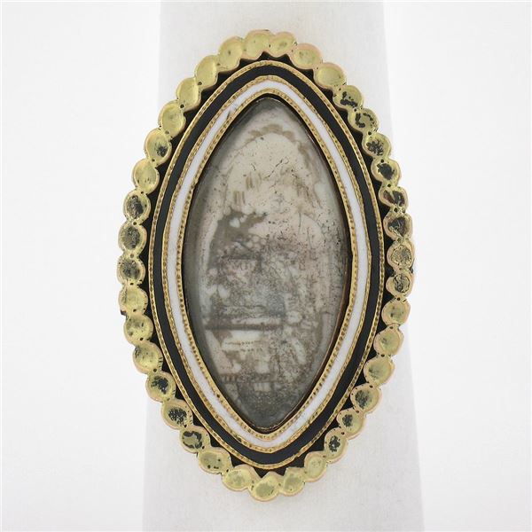 Antique Victorian 12k Yellow Gold Enamel Work Engraved Mourning Navette Ring
