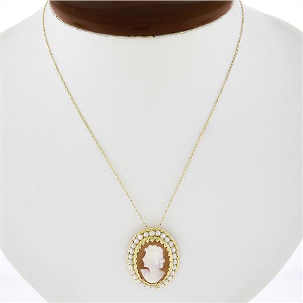 Vintage Gold Oval Carved Shell Cameo w/ Pearl Halo Pendant 17" Link Chain
