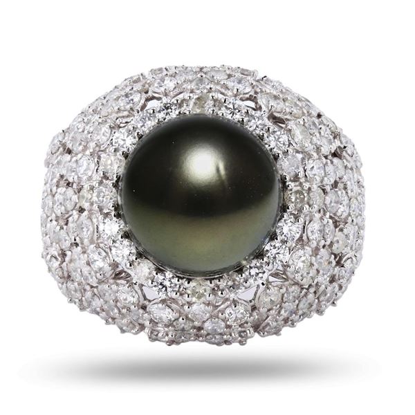 11mm Tahitian Pearl and 3.00 ctw Diamond 18K White Gold Ring