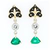 Vintage 14k Gold 1.28 ctw Trillion Emerald & Diamond Fleur De Lis Enamel Earring
