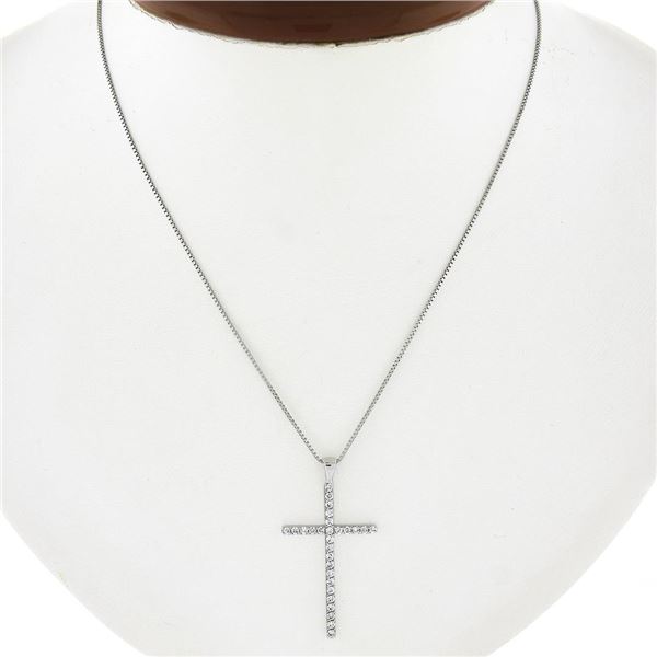 Solid White Gold 0.30 ctw Round Diamond Cross Pendant & 18" Box Link Chain