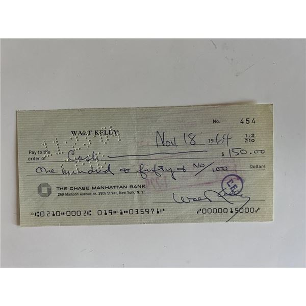 Disney Cartoonist Walt Kelly signed check