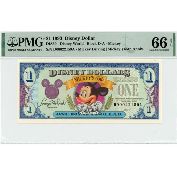 1993 $1 Mickey 65th Anniversary Disney Dollar PMG 66EPQ