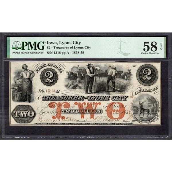 1858 $2 Lyons City IA Obsolete PMG 58EPQ