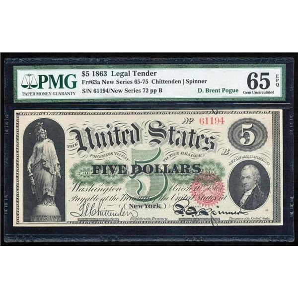 1863 $5 Legal Tender Note PMG 65EPQ