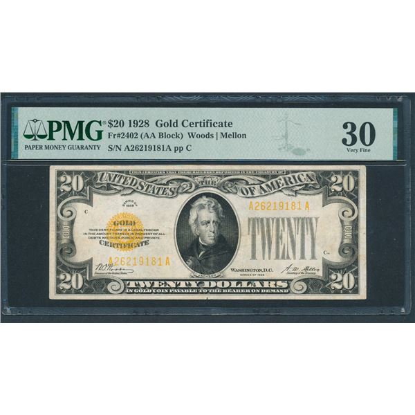 1928 $20 Gold Certificate PMG 30