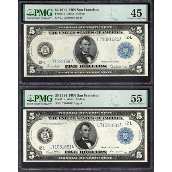 Lot of Two Consecutive 1914 $5 Chicago FRN PMG 45 and 55