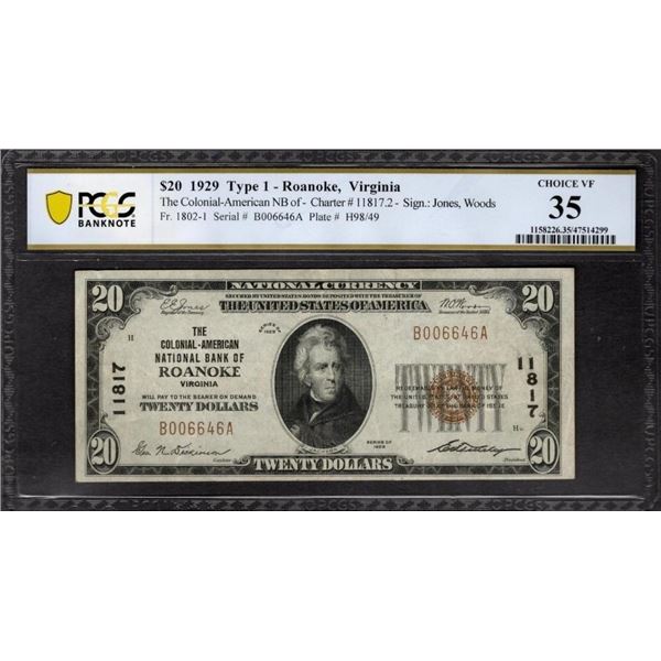 1929 $20 Roanoke VA National PCGS 35
