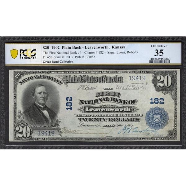 1902 $20 Leavenworth KS National PCGS 35