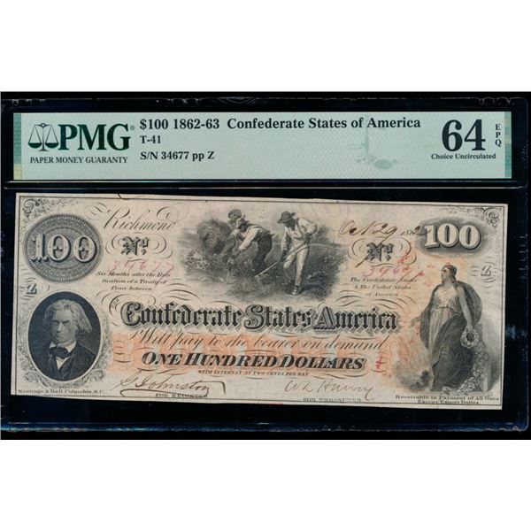 1862-63 $100 T-41 Confederate PMG 64EPQ