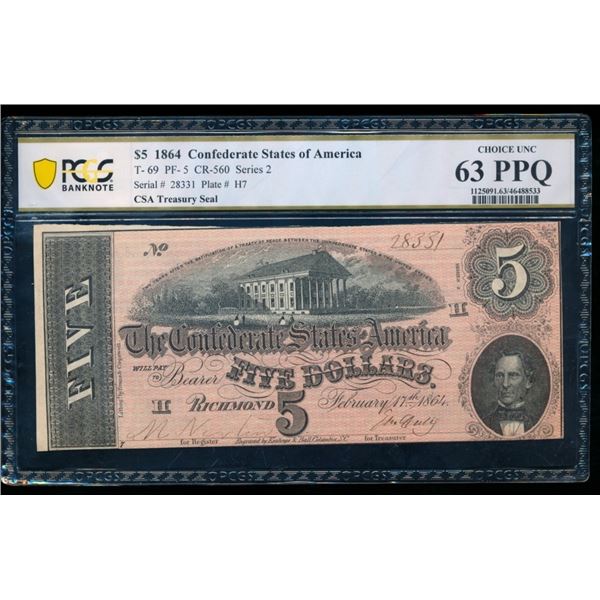 1864 $5 T-69 Confederate PCGS 63PPQ
