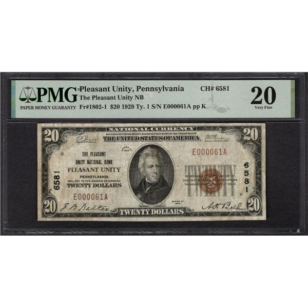1929 $20 Pleasant Unity PA National PMG 20
