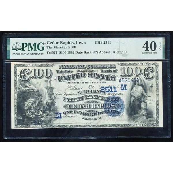 1882 $100 Cedar Rapis IA Date Back National PMG 40EPQ