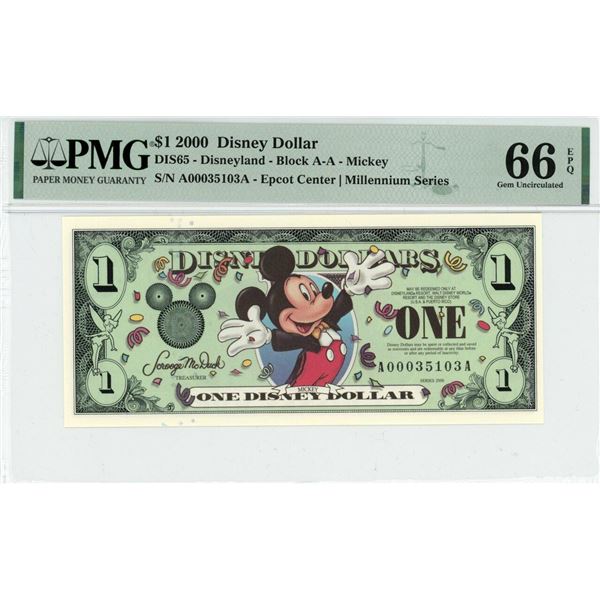 2000 $1 Mickey Millennium Disney Dollar PMG 66EPQ