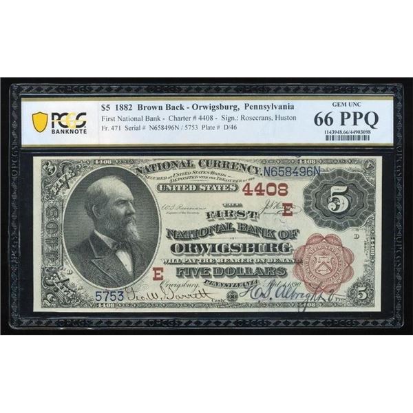 1882 $5 Orwigsburg PA National PCGS 66PPQ
