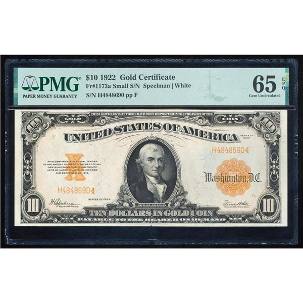 1922 $10 Gold Certificate PMG 65EPQ