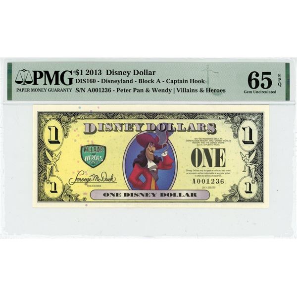 2013 $1 Captain Hook Disney Dollar PMG 65EPQ