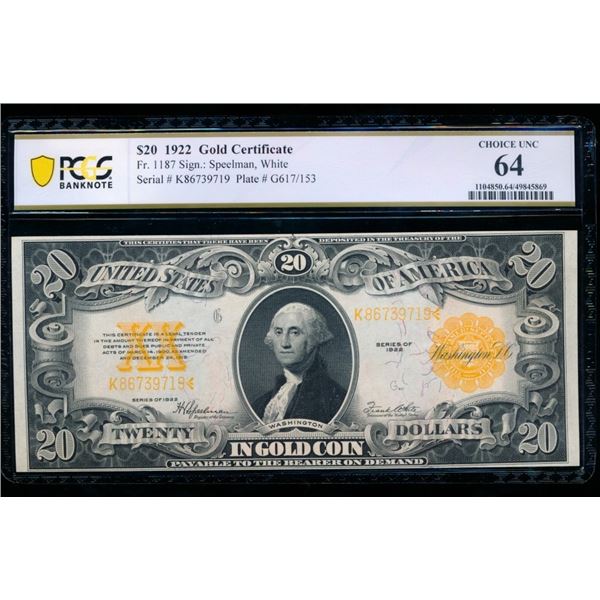 1922 $20 Gold Certificate PCGS 64
