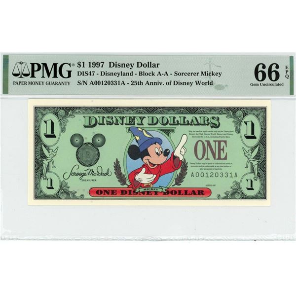 1997 $1 Sorcerer Mickey Disney Dollar PMG 66EPQ
