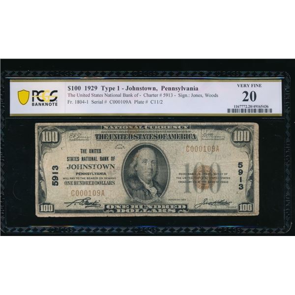 1929 $100 Johnstown PA National PCGS 20