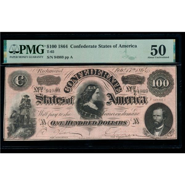 1864 $100 T-65 Confederate PMG 50