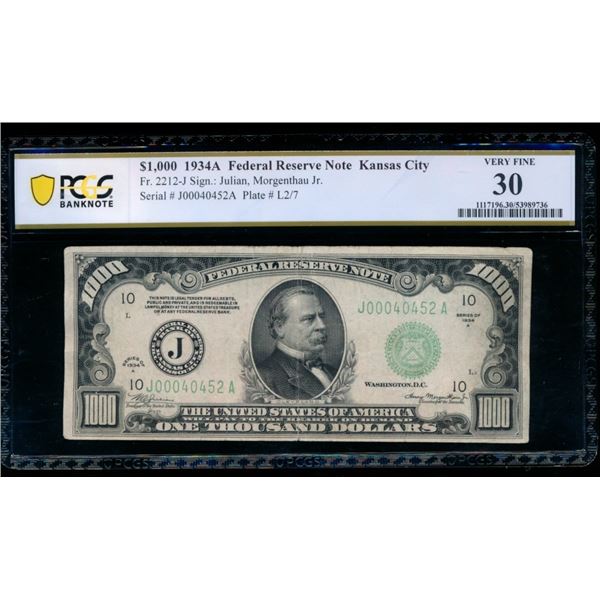 1934A $1000 Kansas City FRN PCGS 30