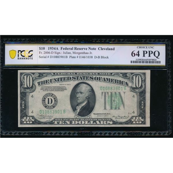 1934A $10 Cleveland FRN PCGS 64PPQ