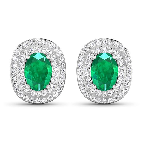 14KT White Gold 1.12ctw Zambian Emerald and Diamond Earrings