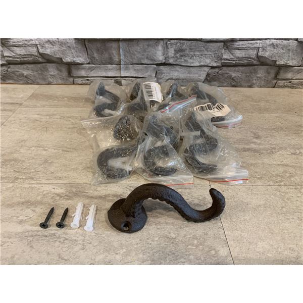 Lot of 8 Cast Iron Octopus Arm Hooks With Hardware