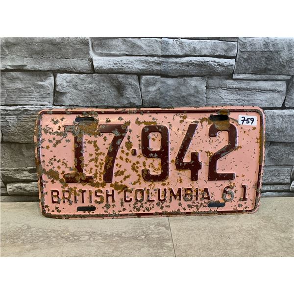 1961 Maroon British Columbia License Plate