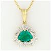 14k Yellow Gold Trillion Green Emerald Solitaire & Diamond Halo Pendant Necklace