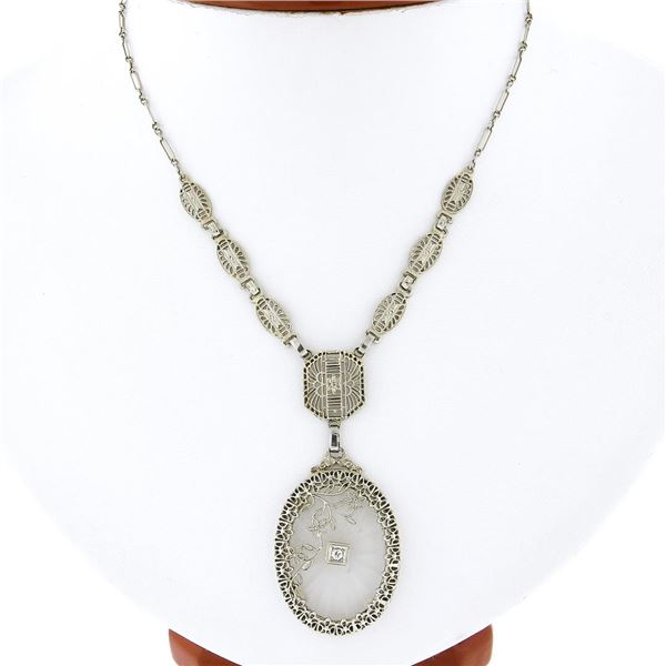 Antique Art Deco 14K Gold Camphor Glass Diamond Filigree Link Pendant Necklace