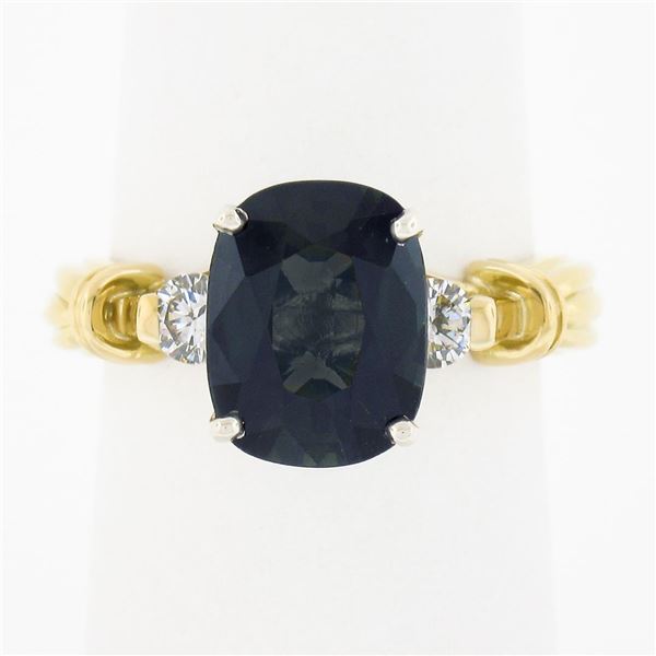 18k Gold Platinum 3.70 ctw GIA Cushion Dark Bluish Green Sapphire w/ Diamond Rin